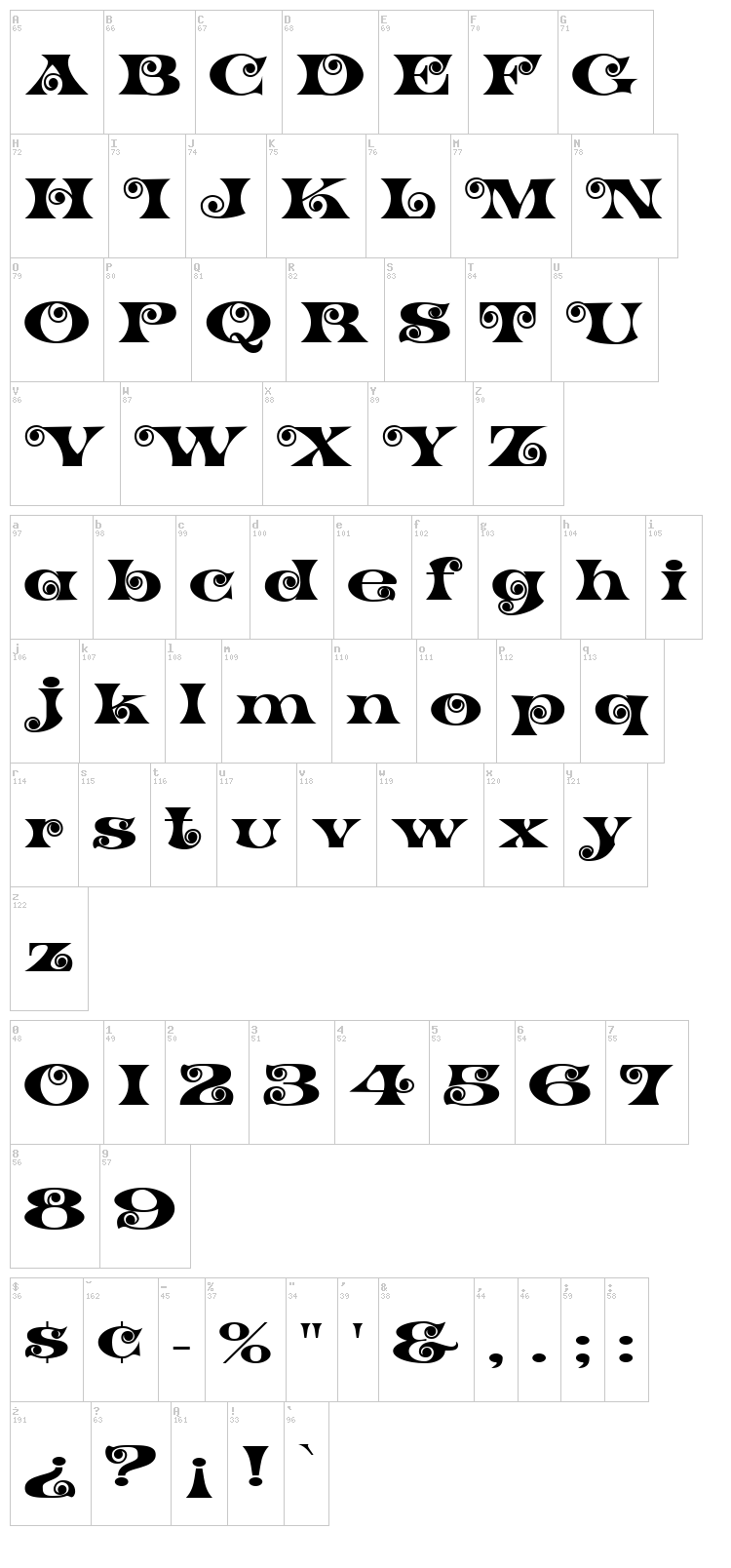 K22 Spiral Swash font map